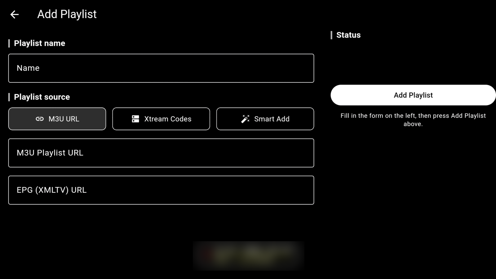 NoXPlayer's Add Playlist screen: a name field and three source options — M3U URL, Xtream Codes login, and Smart Add — with fields for the playlist URL and an optional XMLTV guide URL.