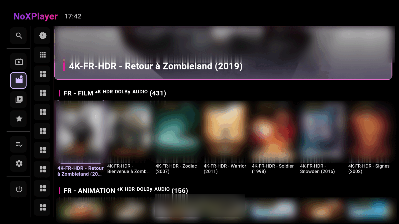 NoXPlayer movies screen: a grid of film poster artwork with rating badges and a category list along the side.