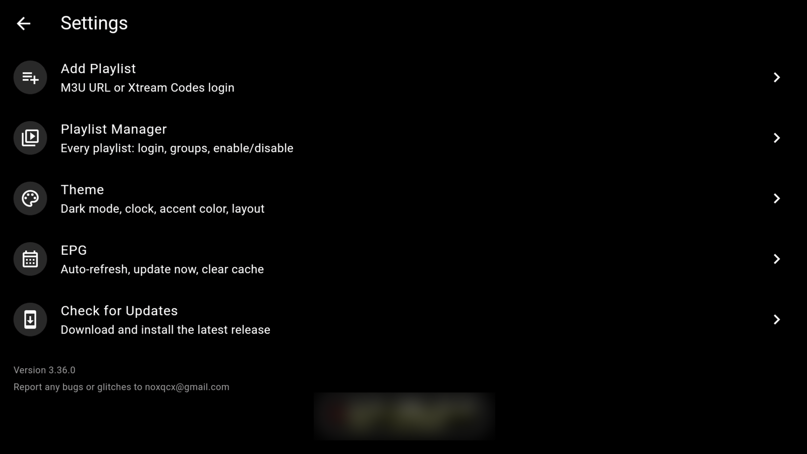 NoXPlayer's settings screen laid out for a remote: large, widely spaced rows for Add Playlist, Playlist Manager, Theme, EPG and Check for Updates, each with an icon and a short description.